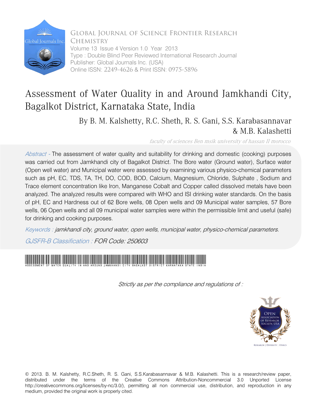 Assessment of Water Quality in and Around Jamkhandi City,Bagalkot