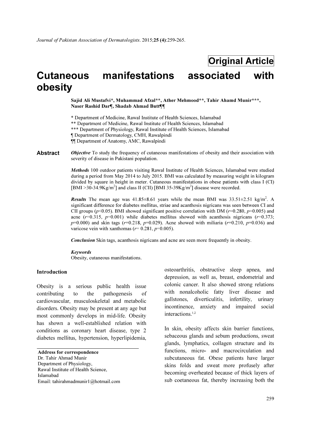 Cutaneous Manifestations Associated with Obesity