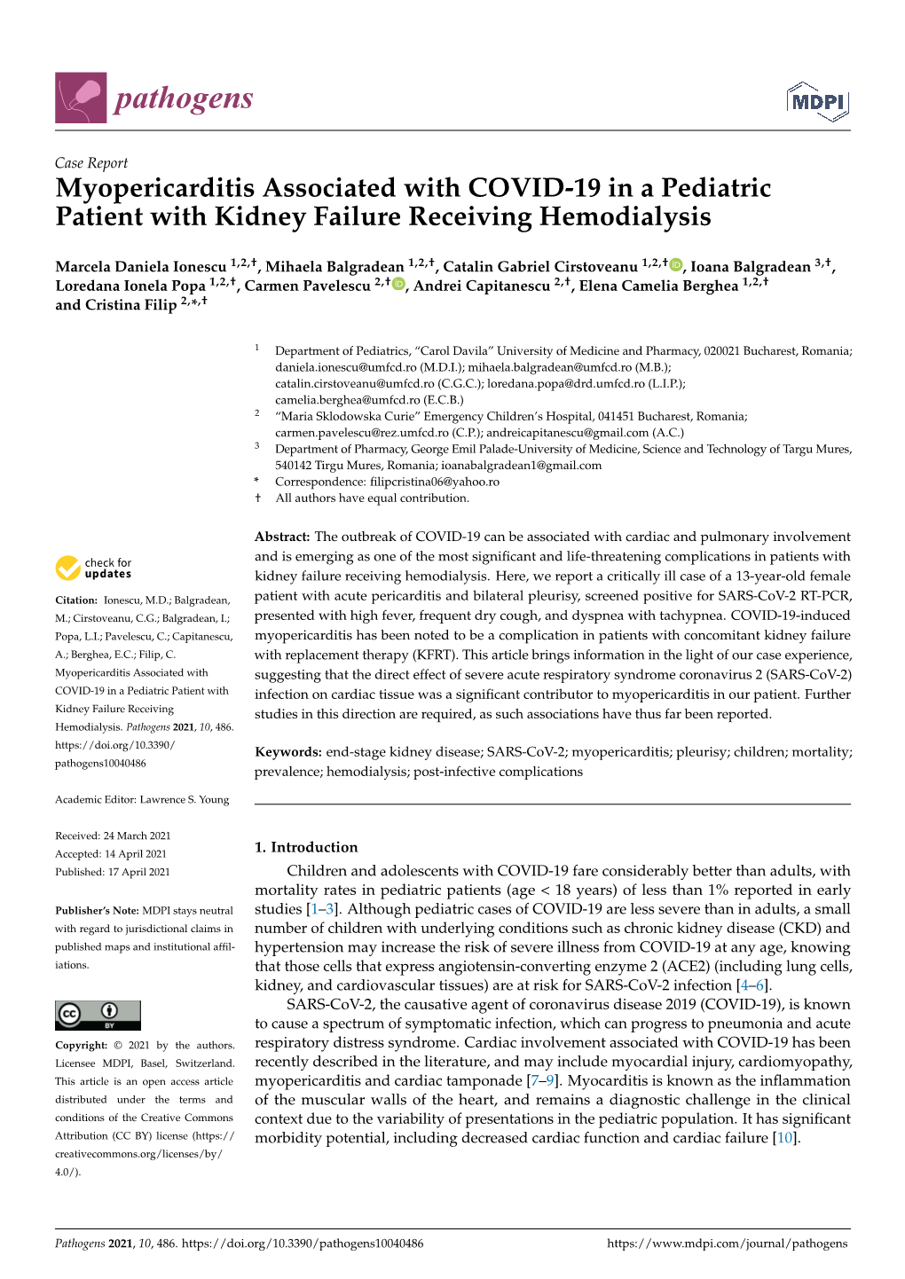 Myopericarditis Associated with COVID-19 in a Pediatric Patient with Kidney Failure Receiving Hemodialysis