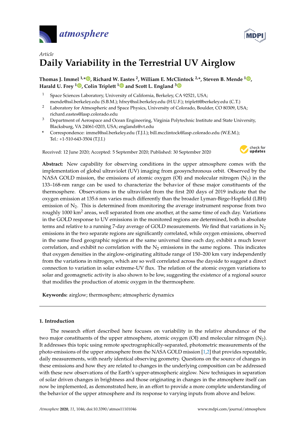 Daily Variability in the Terrestrial UV Airglow