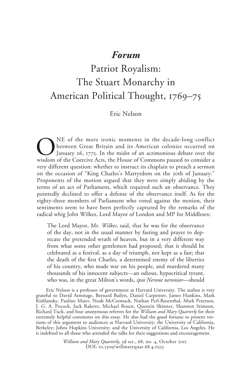 Forum Patriot Royalism: the Stuart Monarchy in American Political Thought, 1769–75