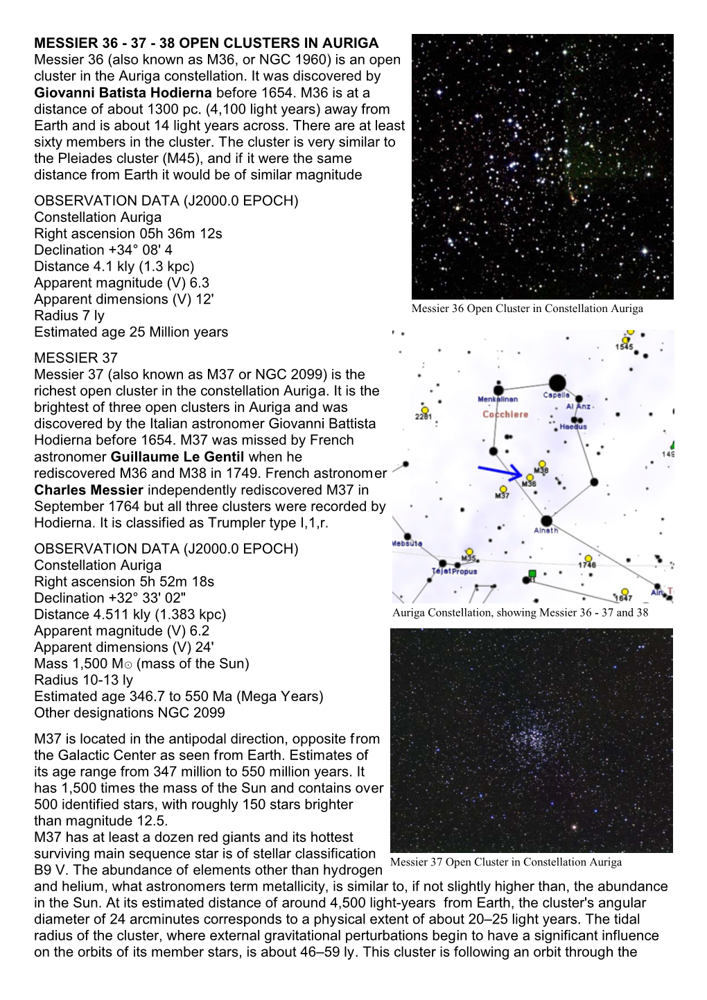MESSIER 36 - 37 - 38 OPEN CLUSTERS in AURIGA Messier 36 (Also Known As M36, Or NGC 1960) Is an Open Cluster in the Auriga Constellation