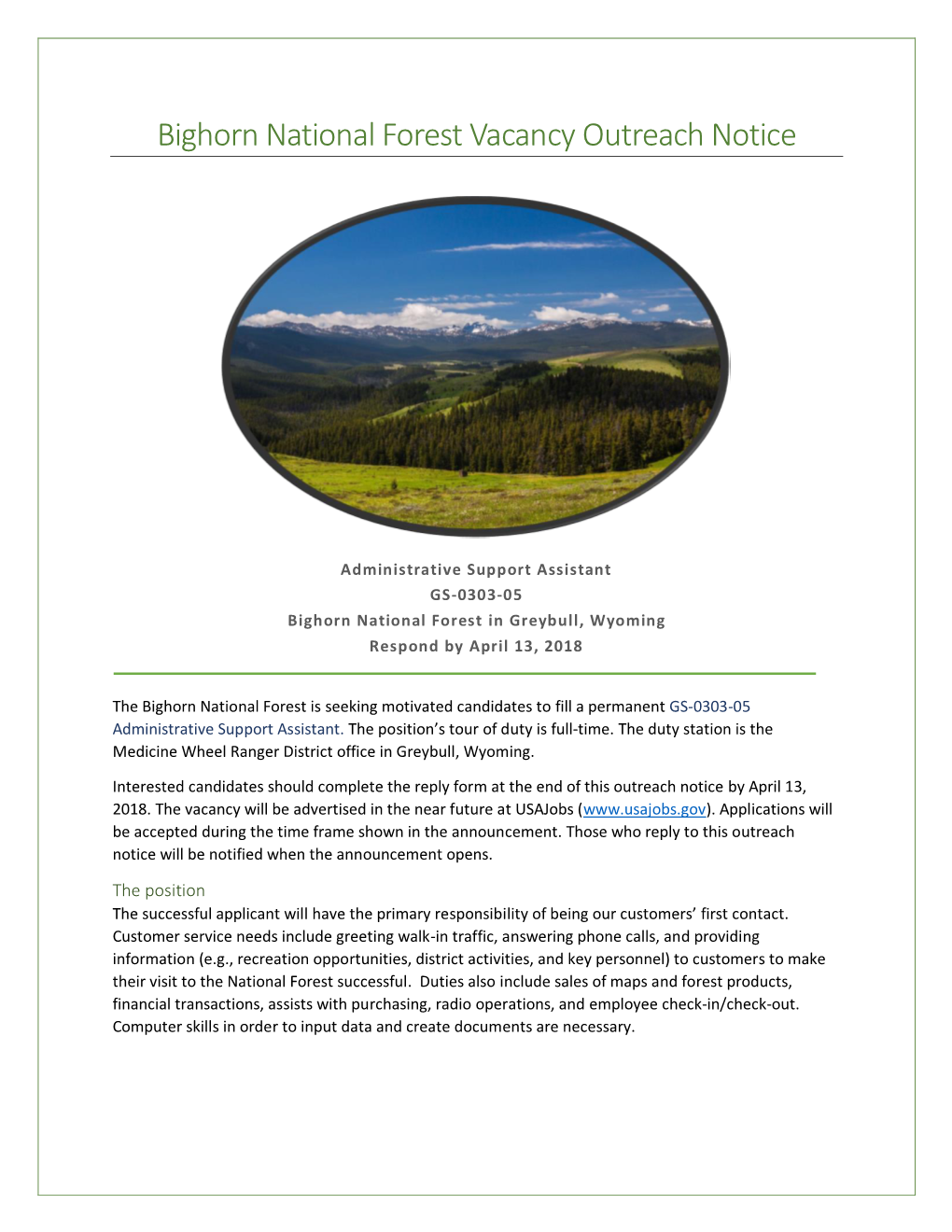 Bighorn National Forest Vacancy Outreach Notice