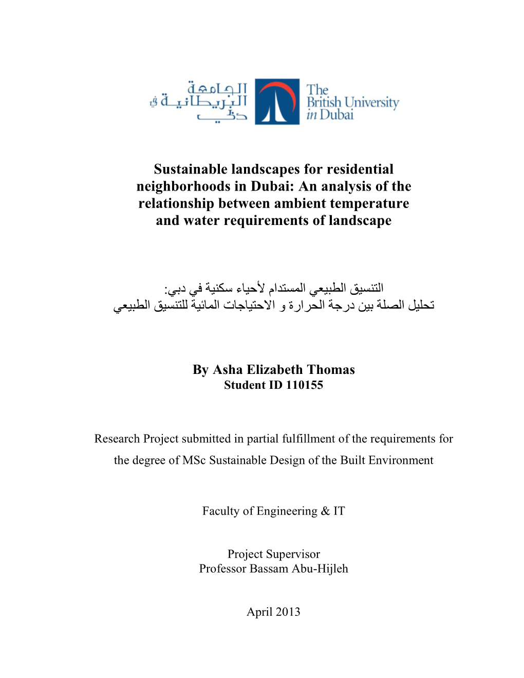 Sustainable Landscapes for Residential Neighborhoods in Dubai: an Analysis of the Relationship Between Ambient Temperature and Water Requirements of Landscape