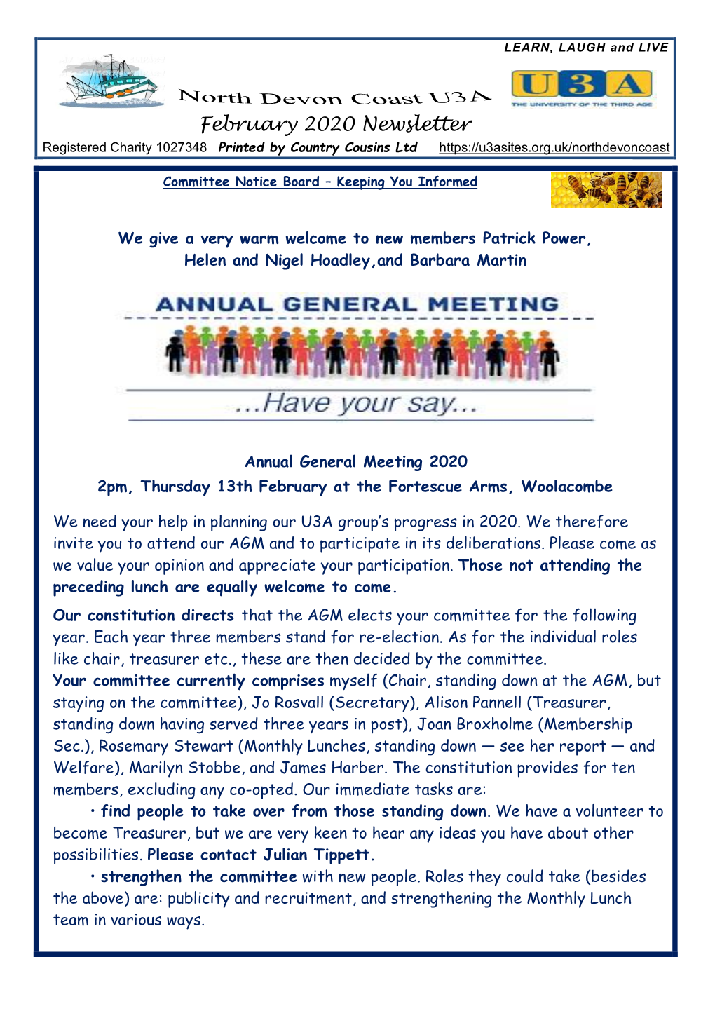 February 2020 Newsletter Registered Charity 1027348 Printed by Country Cousins Ltd