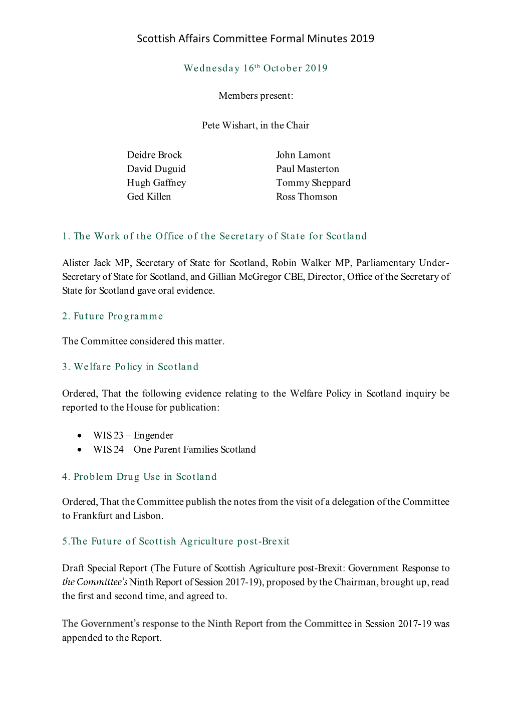 Scottish Affairs Committee Formal Minutes 2019 Session