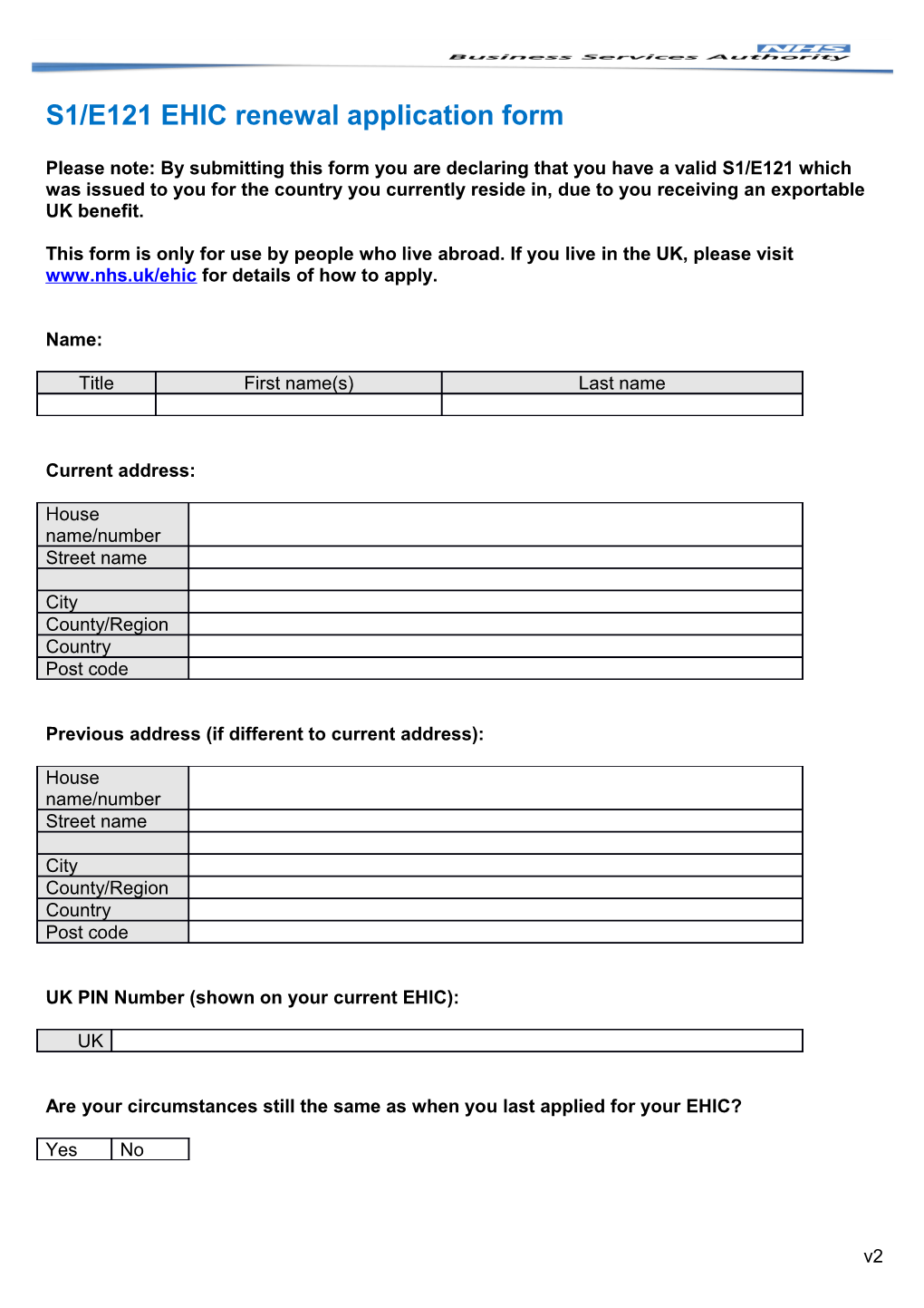 S1/E121 EHIC Renewal Application Form