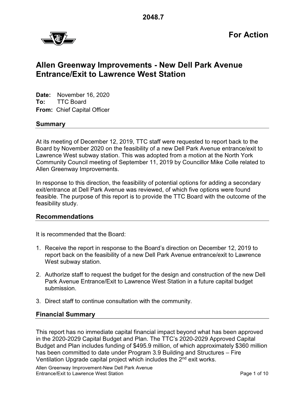 Report on Possible Designs for a Dell Park Entrance To