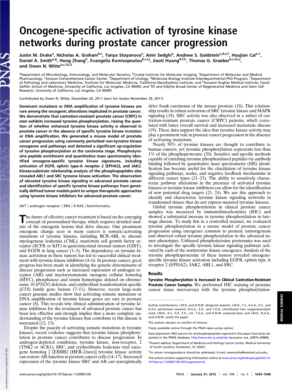 Oncogene-Specific Activation of Tyrosine Kinase Networks During Prostate Cancer Progression