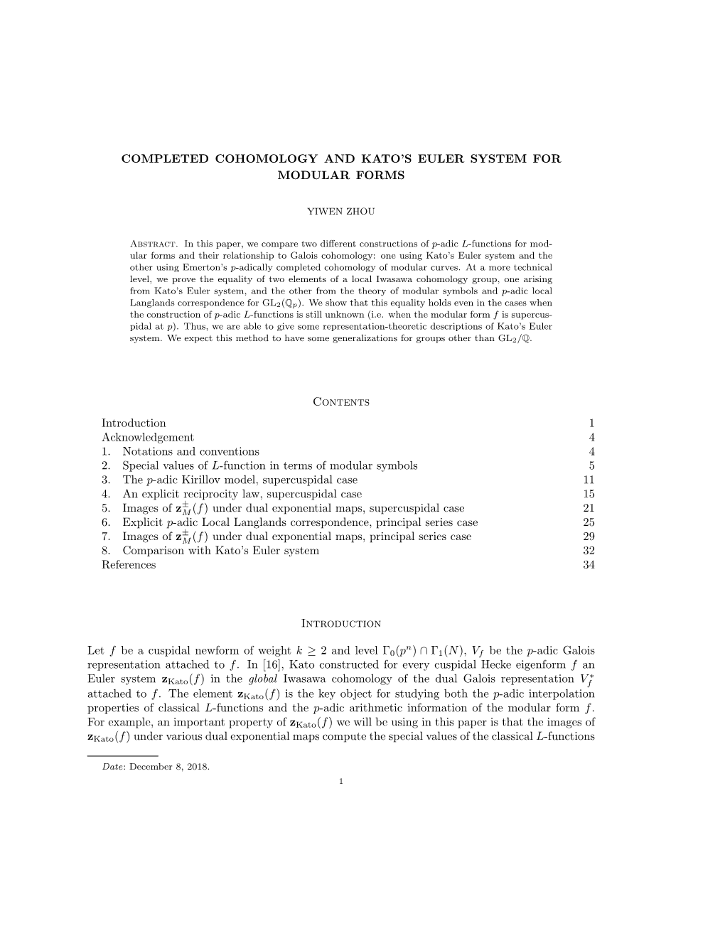 Completed Cohomology and Kato's Euler System for Modular Forms