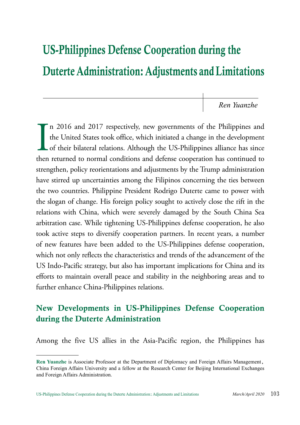 US-Philippines Defense Cooperation During the Duterte Administration: Adjustments and Limitations