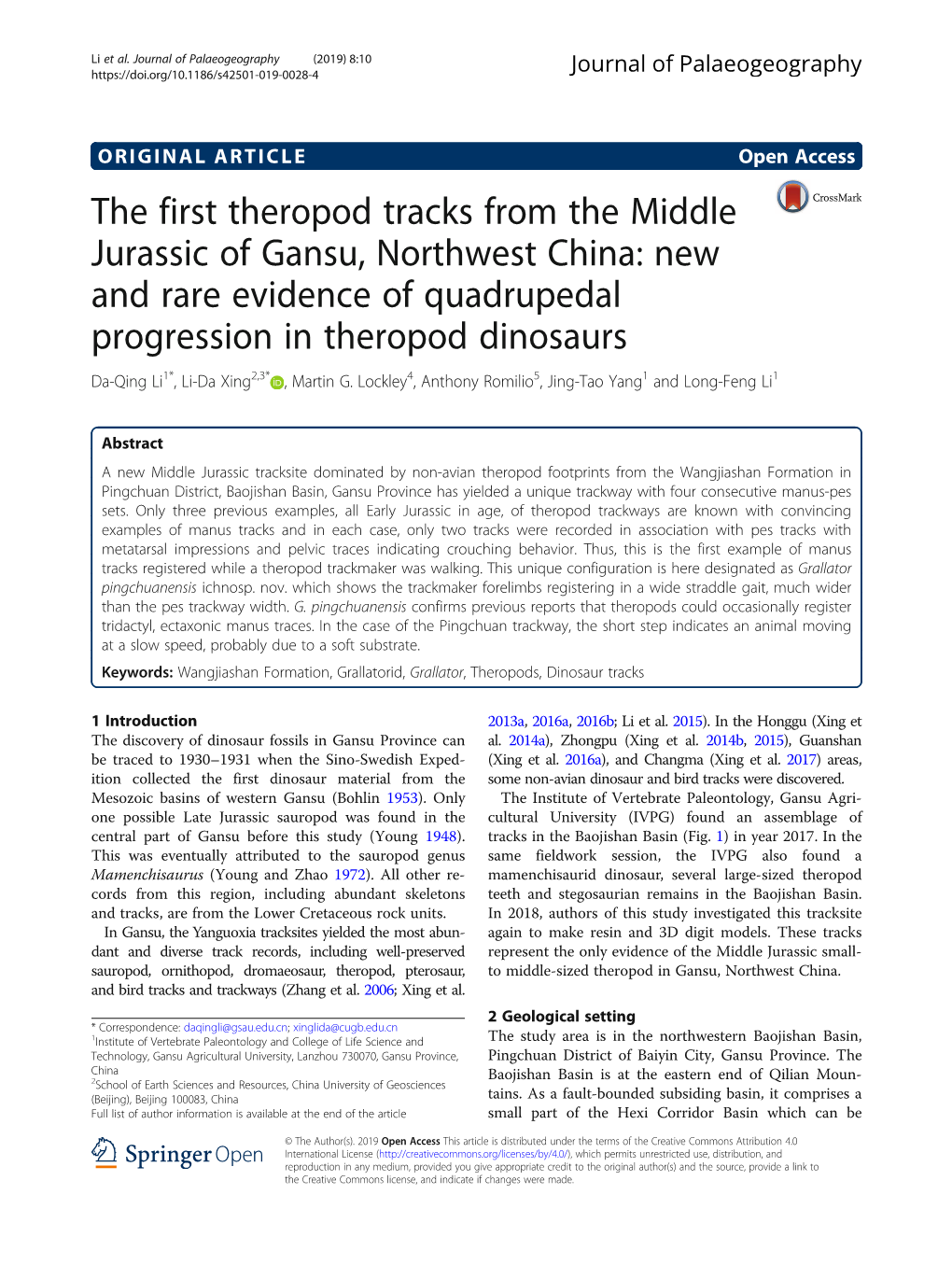 The First Theropod Tracks from the Middle Jurassic of Gansu