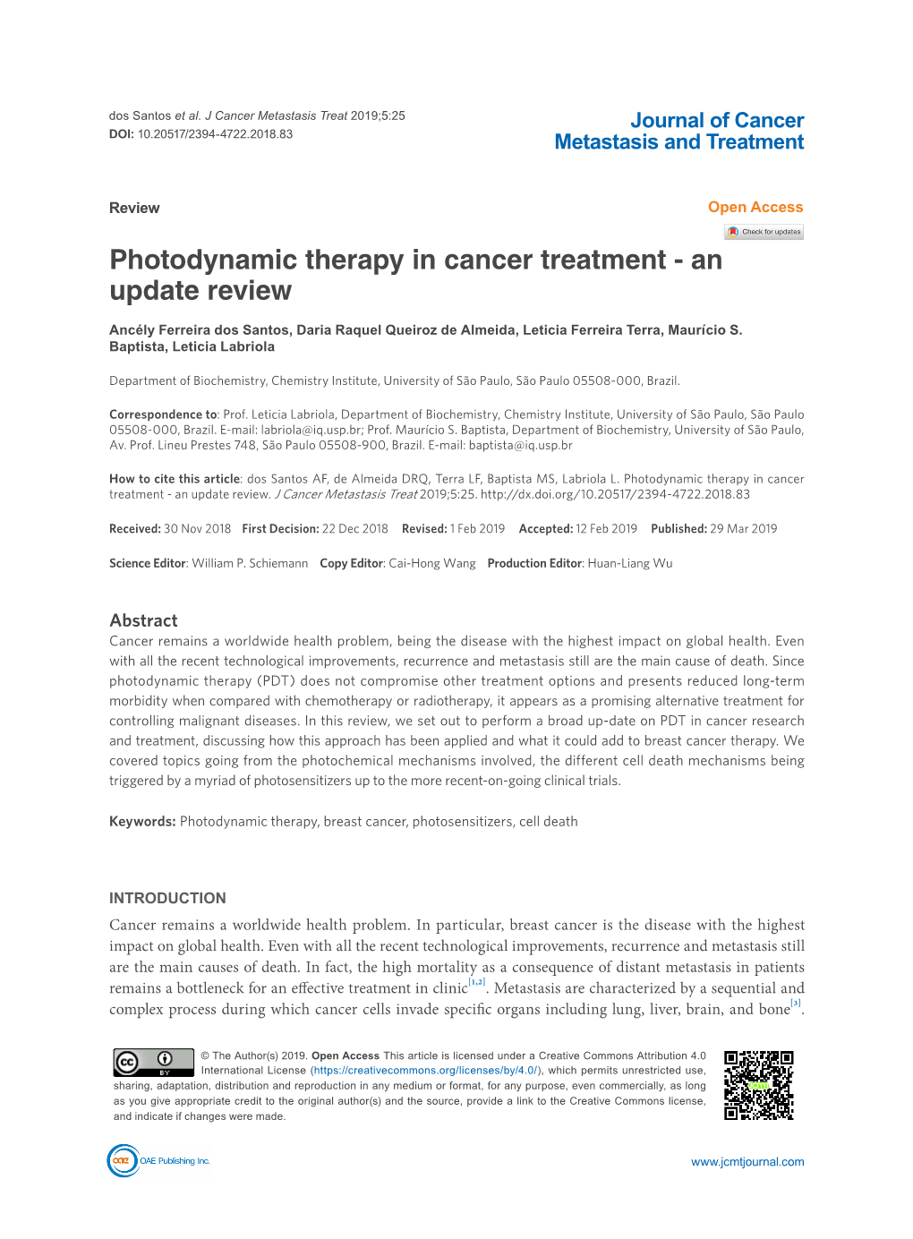 Photodynamic Therapy in Cancer Treatment - an Update Review