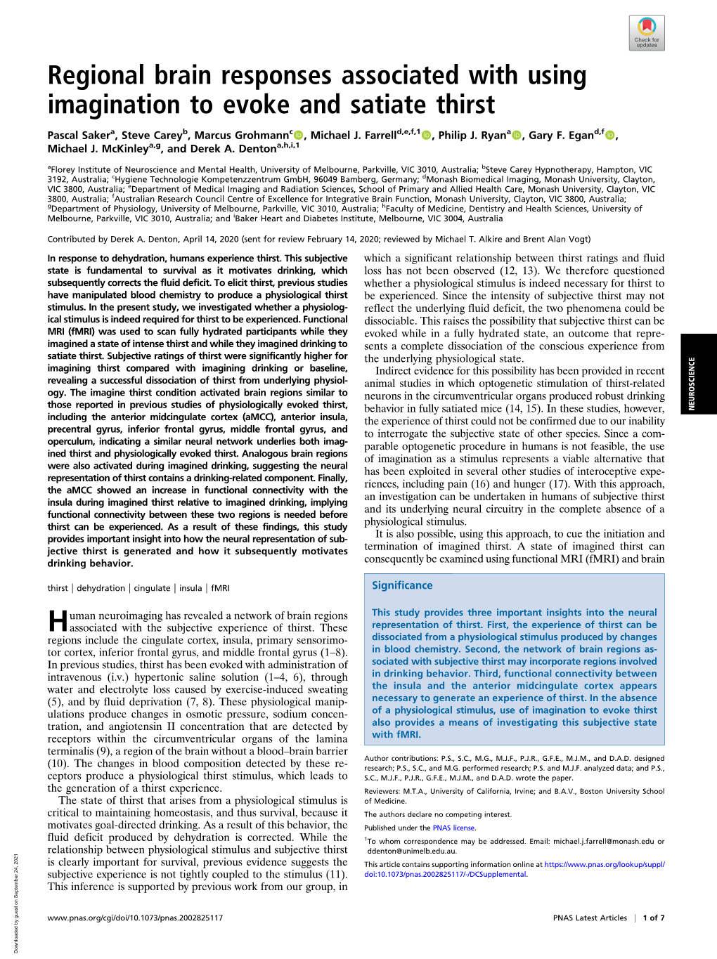 Regional Brain Responses Associated with Using Imagination to Evoke and Satiate Thirst