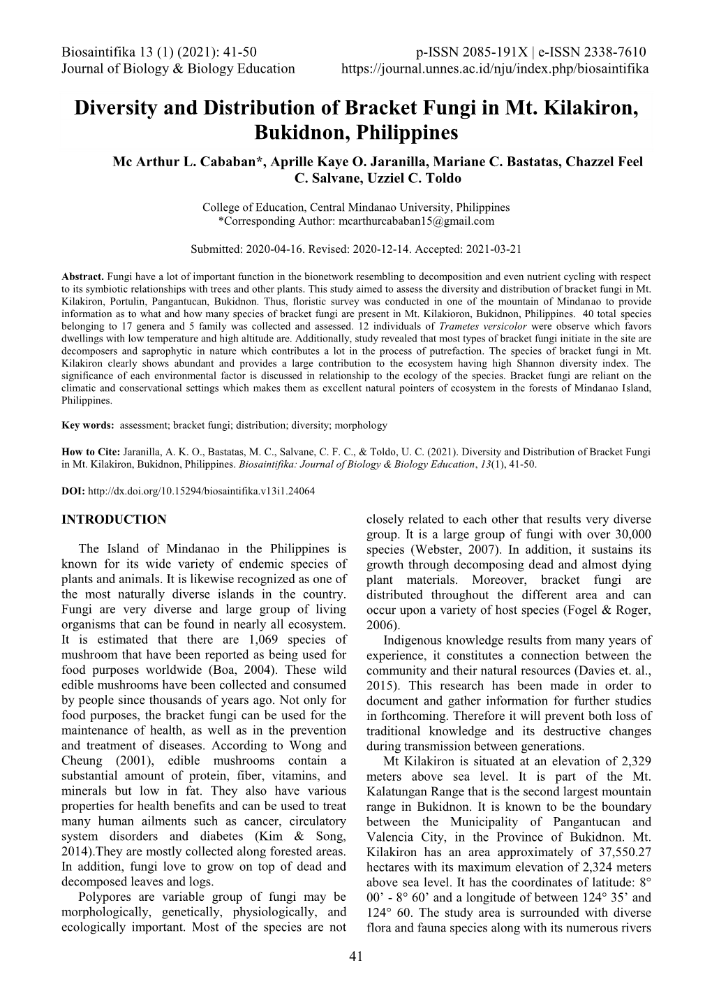 Diversity and Distribution of Bracket Fungi in Mt. Kilakiron, Bukidnon, Philippines Mc Arthur L