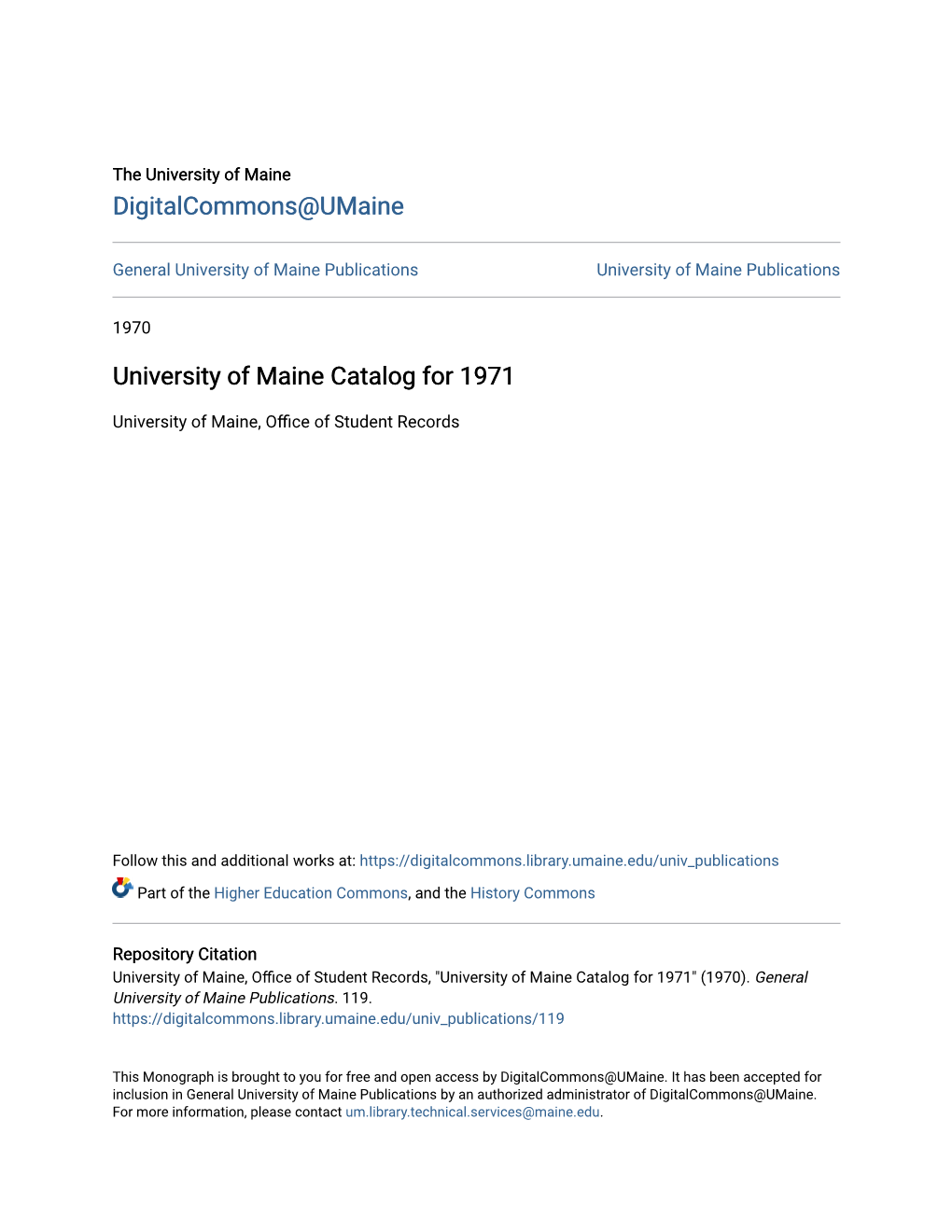 University of Maine Catalog for 1971