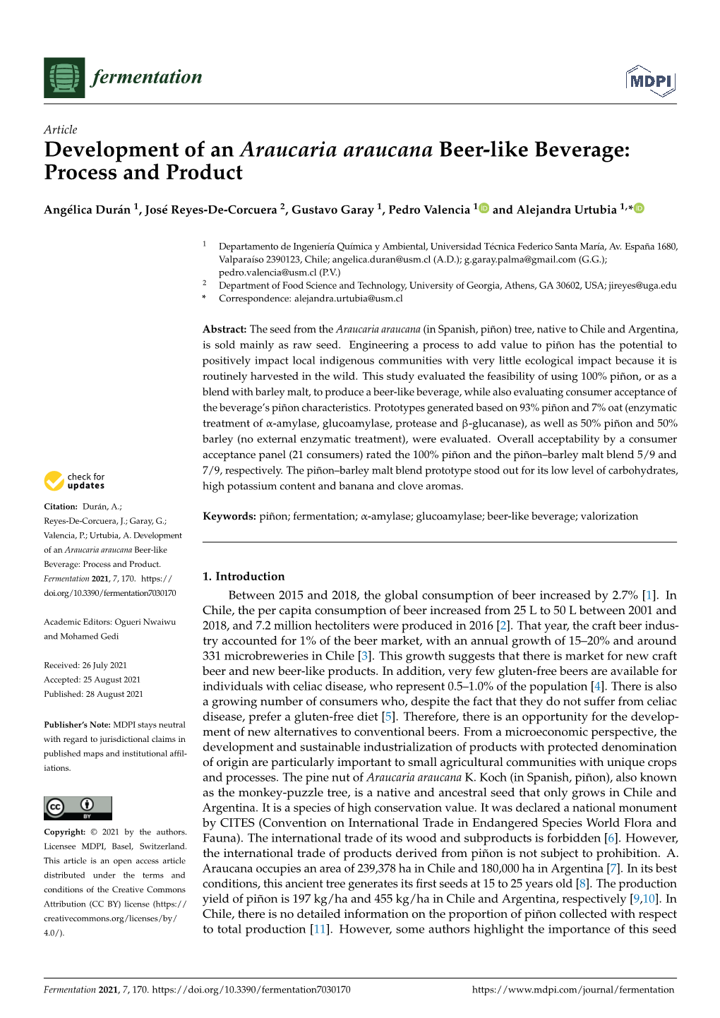 Development of an Araucaria Araucana Beer-Like Beverage: Process and Product