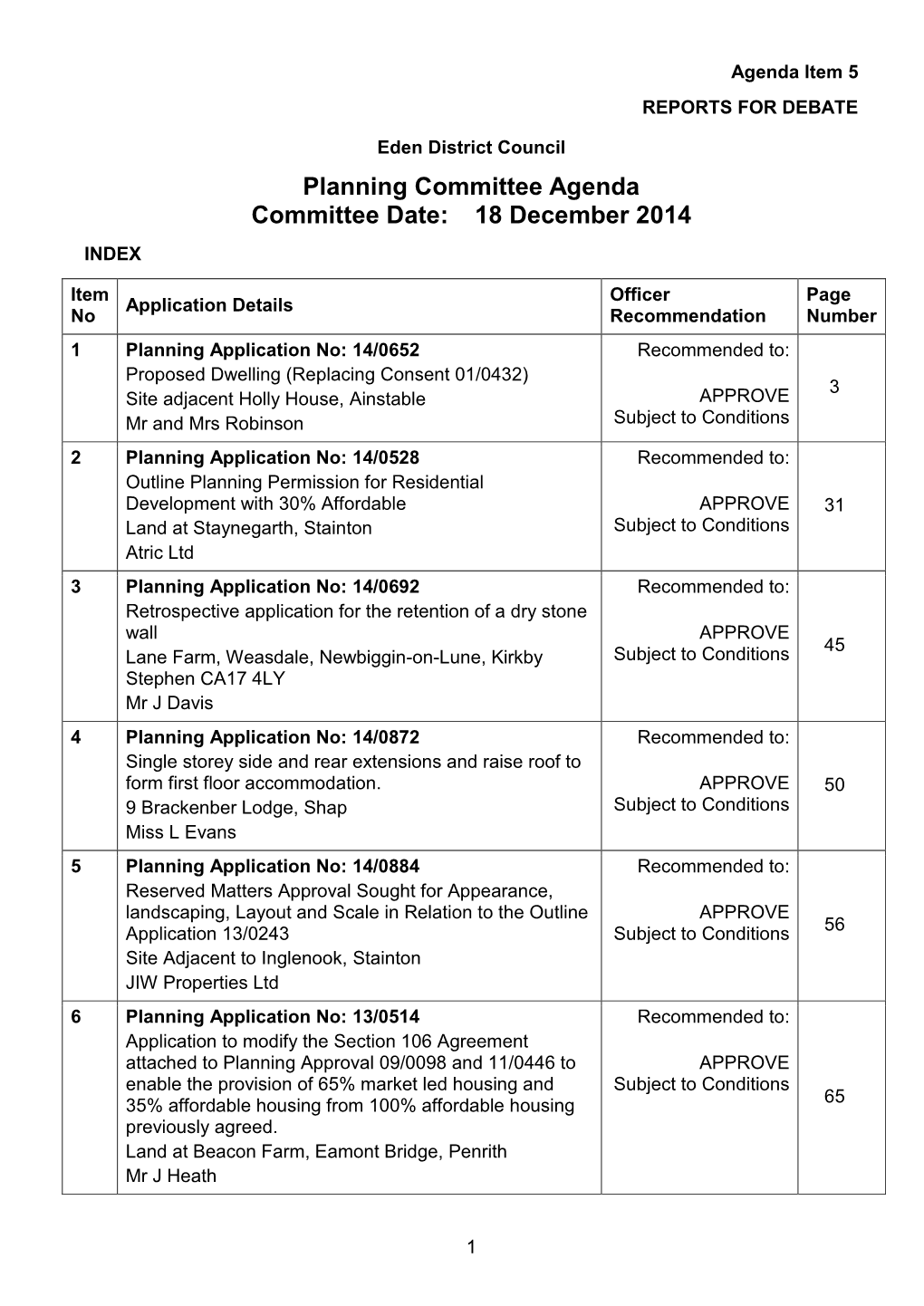 Planning Committee Agenda 18 December 2014