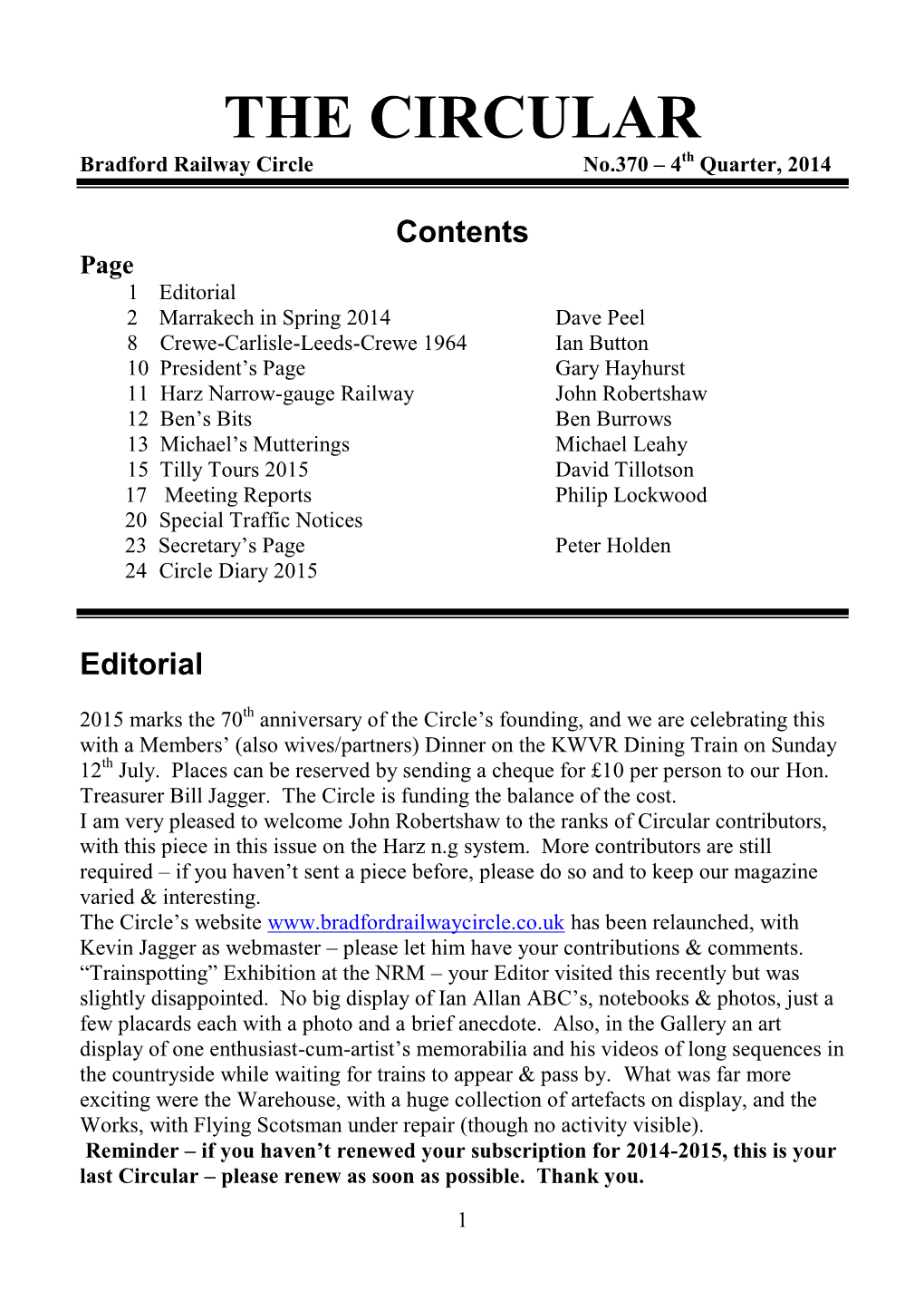 THE CIRCULAR Bradford Railway Circle No.370 – 4Th Quarter, 2014