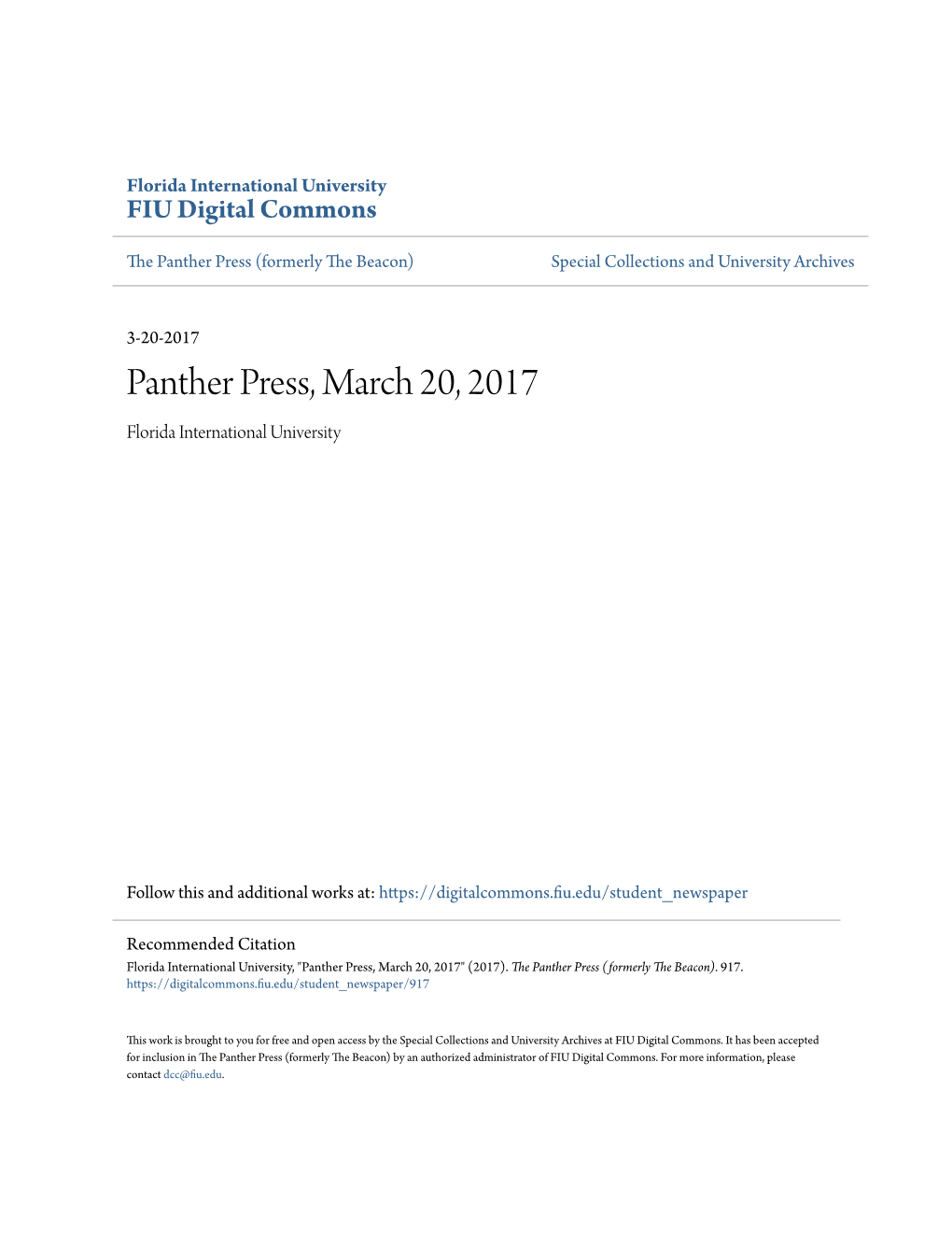 Panther Press, March 20, 2017 Florida International University