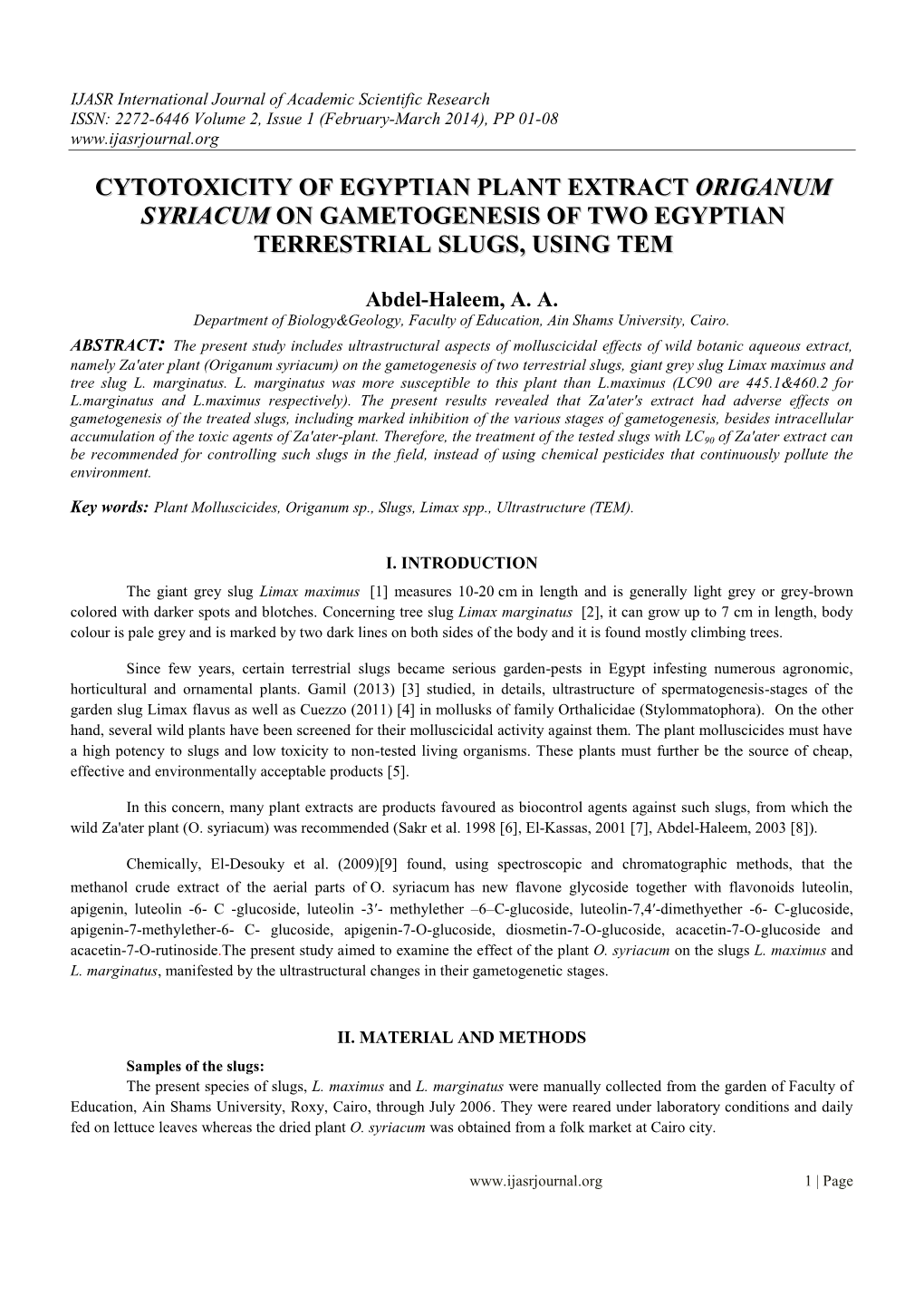 Cytotoxicity of Egyptian Plant Extract Origanum Syriacum on Gametogenesis of Two Egyptian Terrestrial Slugs, Using Tem