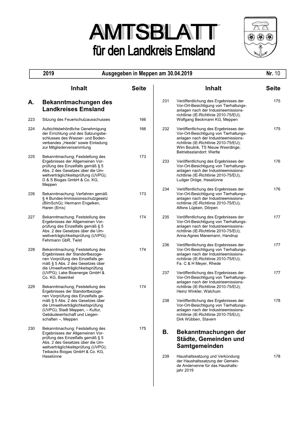 Inhalt Seite A. Bekanntmachungen Des Landkreises Emsland Inhalt Seite B. Bekanntmachungen Der Städte, Gemeinden Und Samtgemei