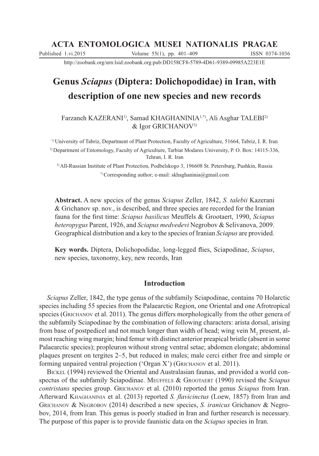 Genus Sciapus (Diptera: Dolichopodidae) in Iran, with Description of One New Species and New Records