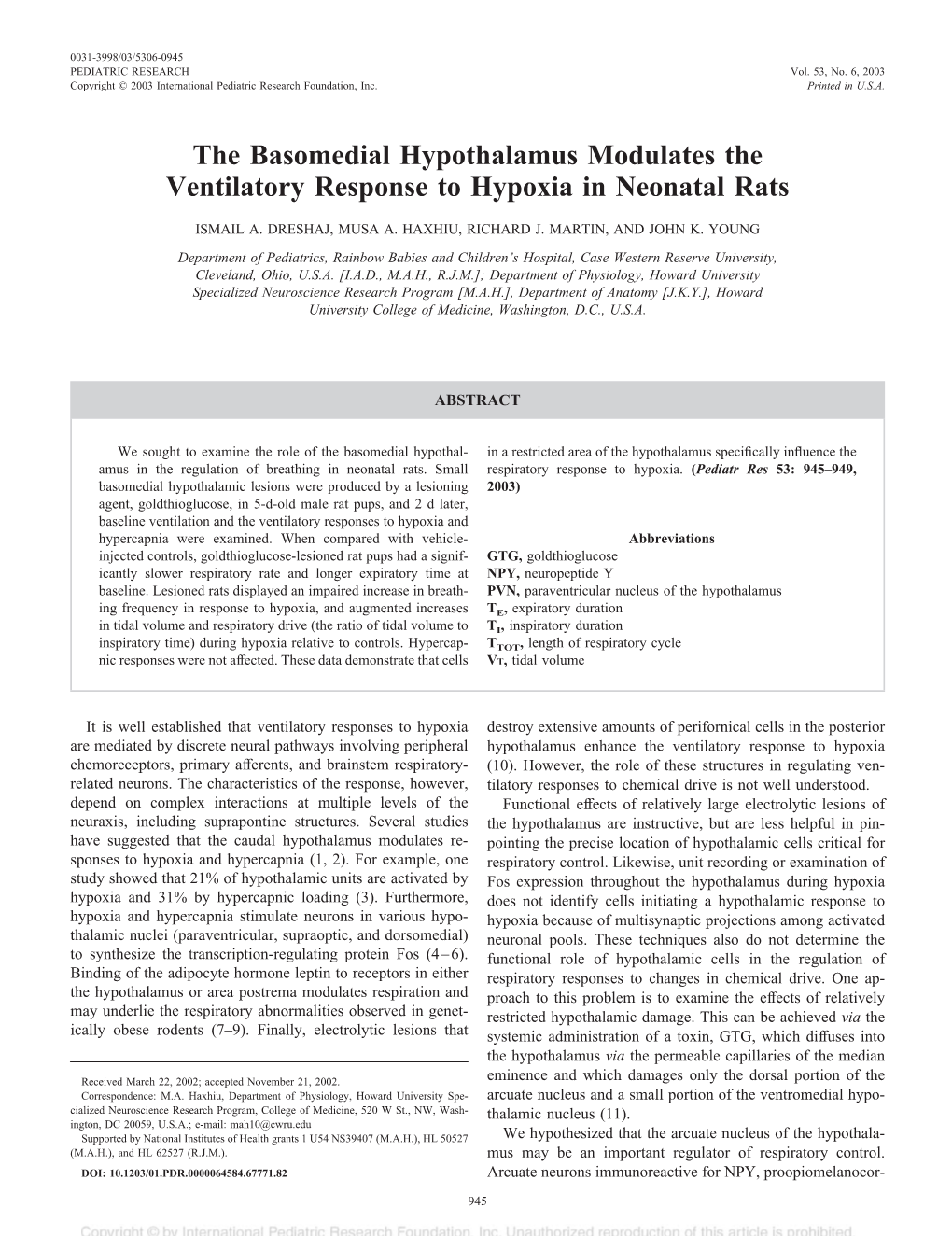 The Basomedial Hypothalamus Modulates the Ventilatory Response to Hypoxia in Neonatal Rats