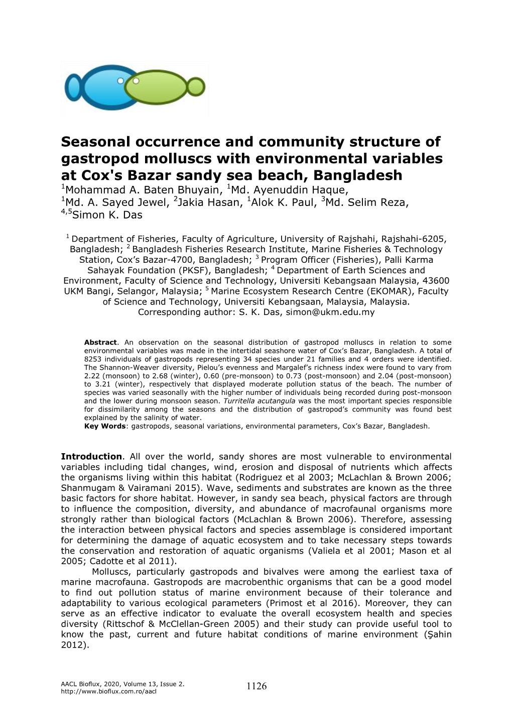 Seasonal Occurrence and Community Structure of Gastropod Molluscs with Environmental Variables at Cox's Bazar Sandy Sea Beach, Bangladesh 1Mohammad A