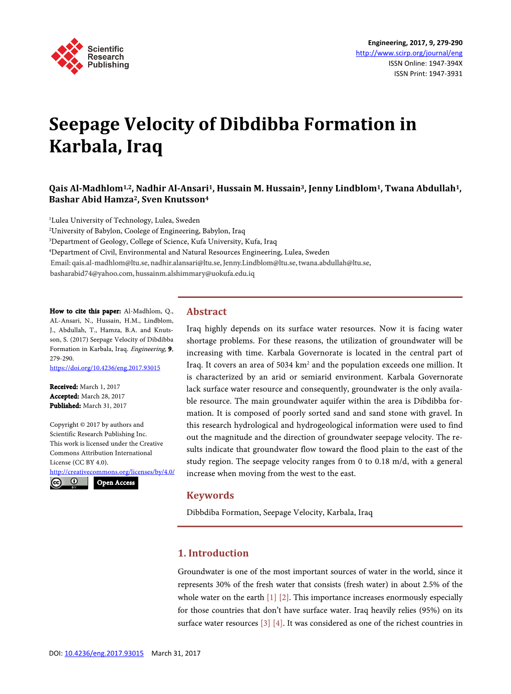 Seepage Velocity of Dibdibba Formation in Karbala, Iraq