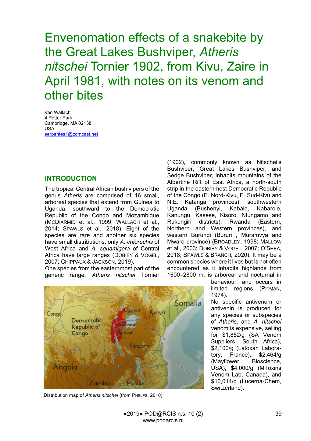 Atheris Nitschei Tornier 1902, from Kivu, Zaire in April 1981, with Notes on Its Venom and Other Bites