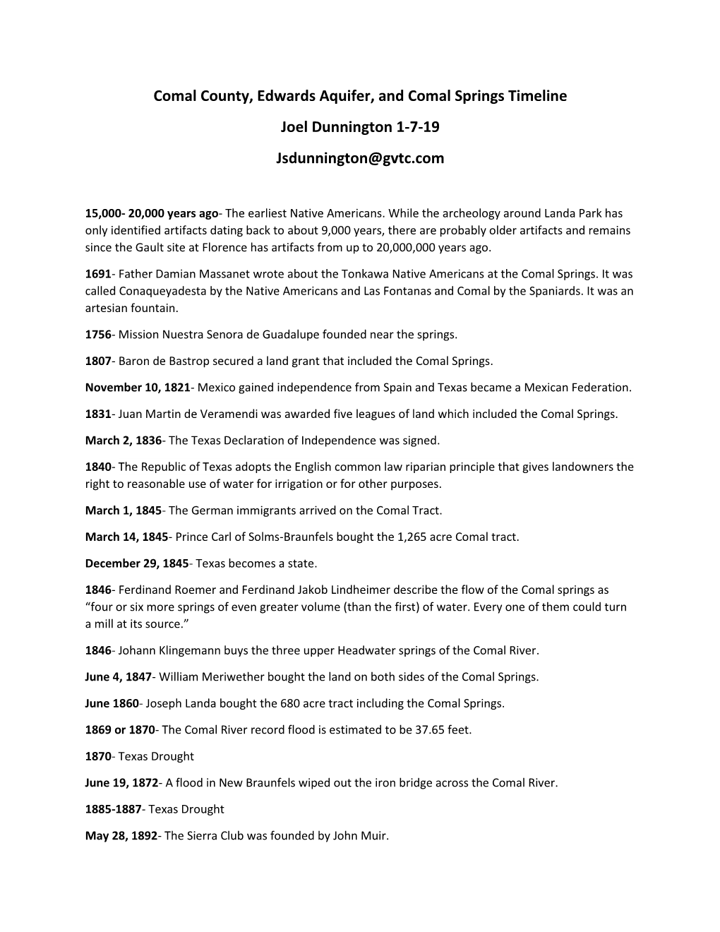 Comal County, Edwards Aquifer, and Comal Springs Timeline Joel Dunnington 1-7-19 Jsdunnington@Gvtc.Com