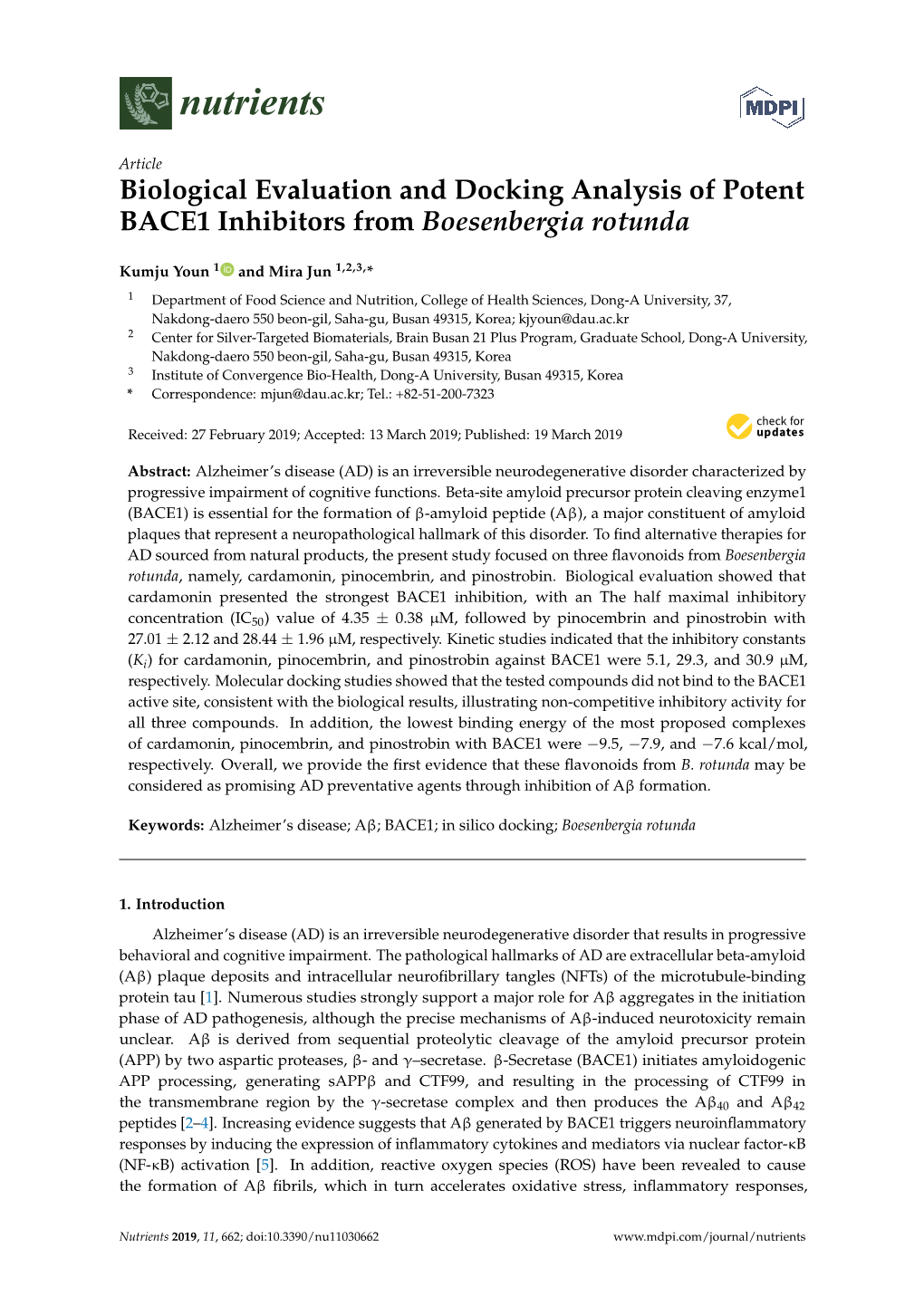 Biological Evaluation and Docking Analysis of Potent BACE1 Inhibitors from Boesenbergia Rotunda