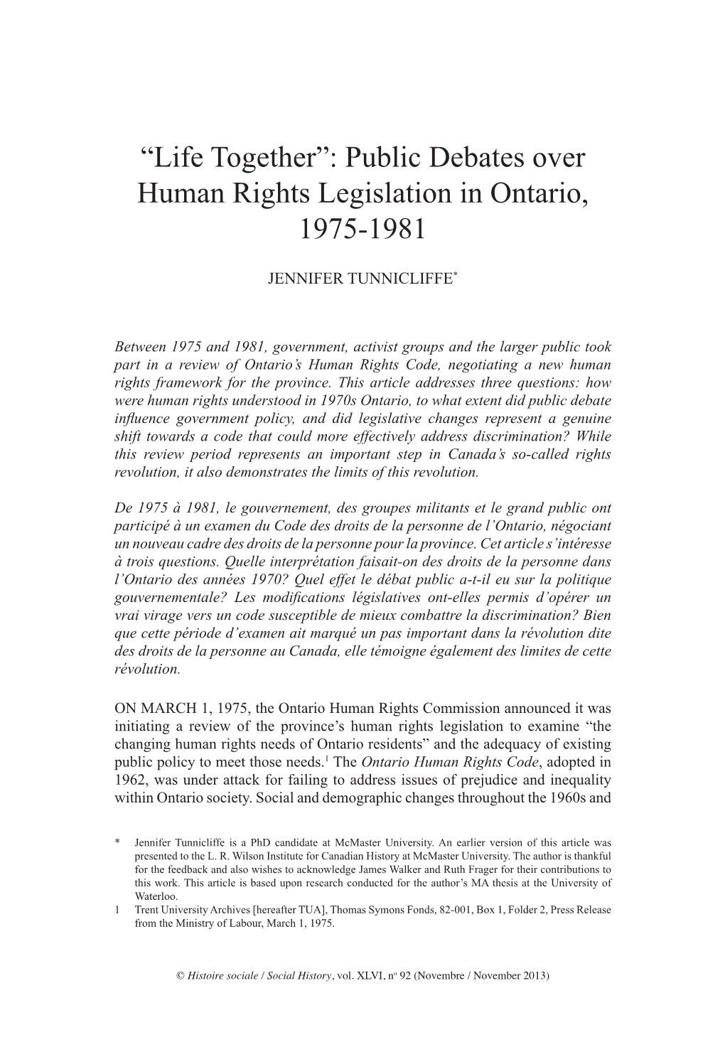 Public Debates Over Human Rights Legislation in Ontario, 1975-1981