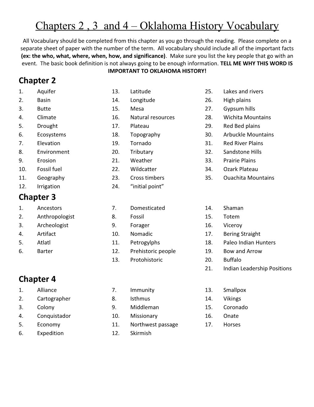 Chapters 2 , 3 and 4 Oklahoma History Vocabulary