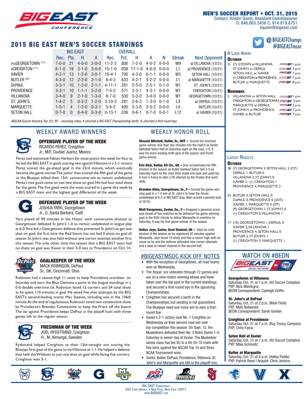 2015 Big East Men's Soccer Standings