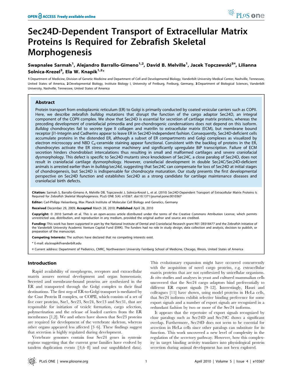 Sec24d-Dependent Transport of Extracellular Matrix Proteins Is Required for Zebrafish Skeletal Morphogenesis