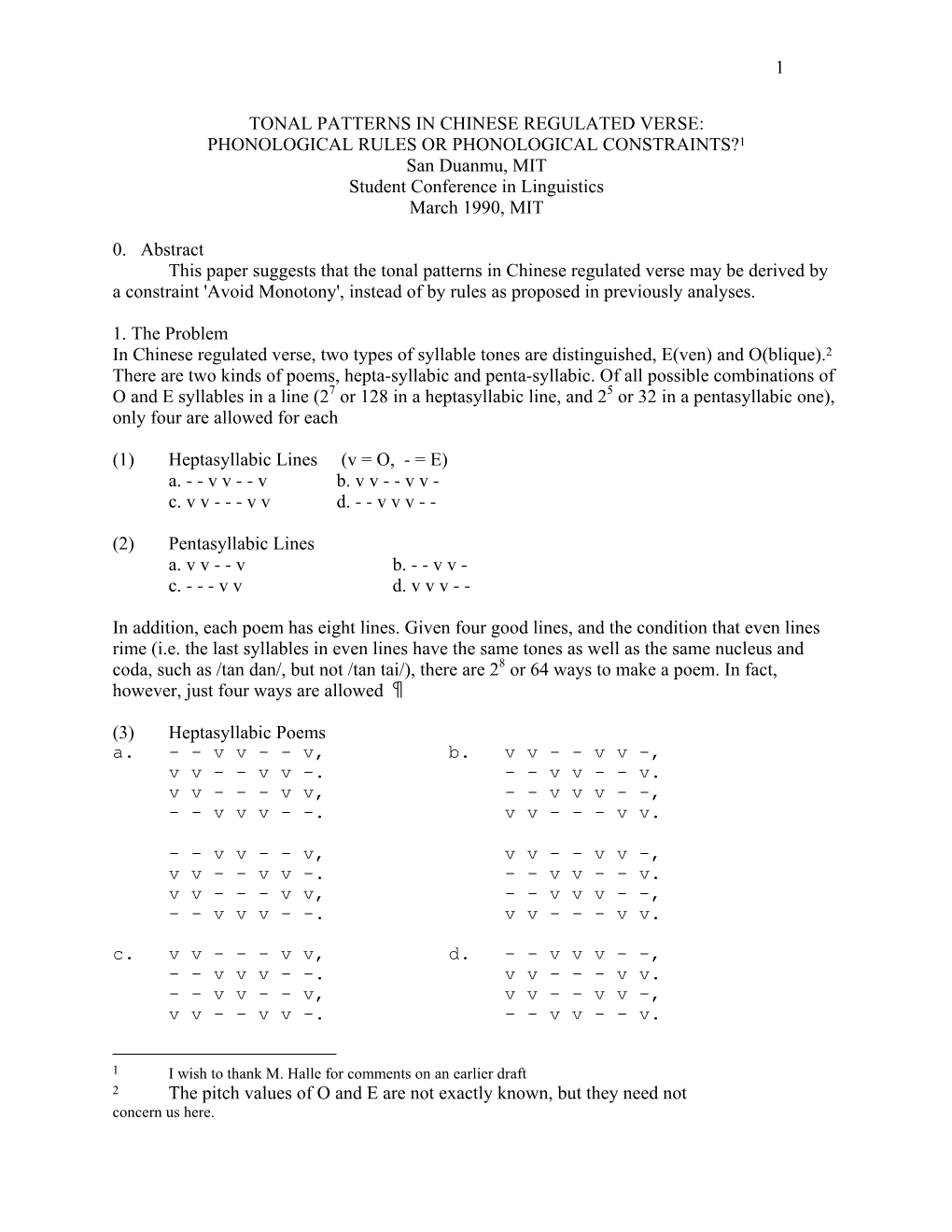 1 Tonal Patterns in Chinese Regulated Verse