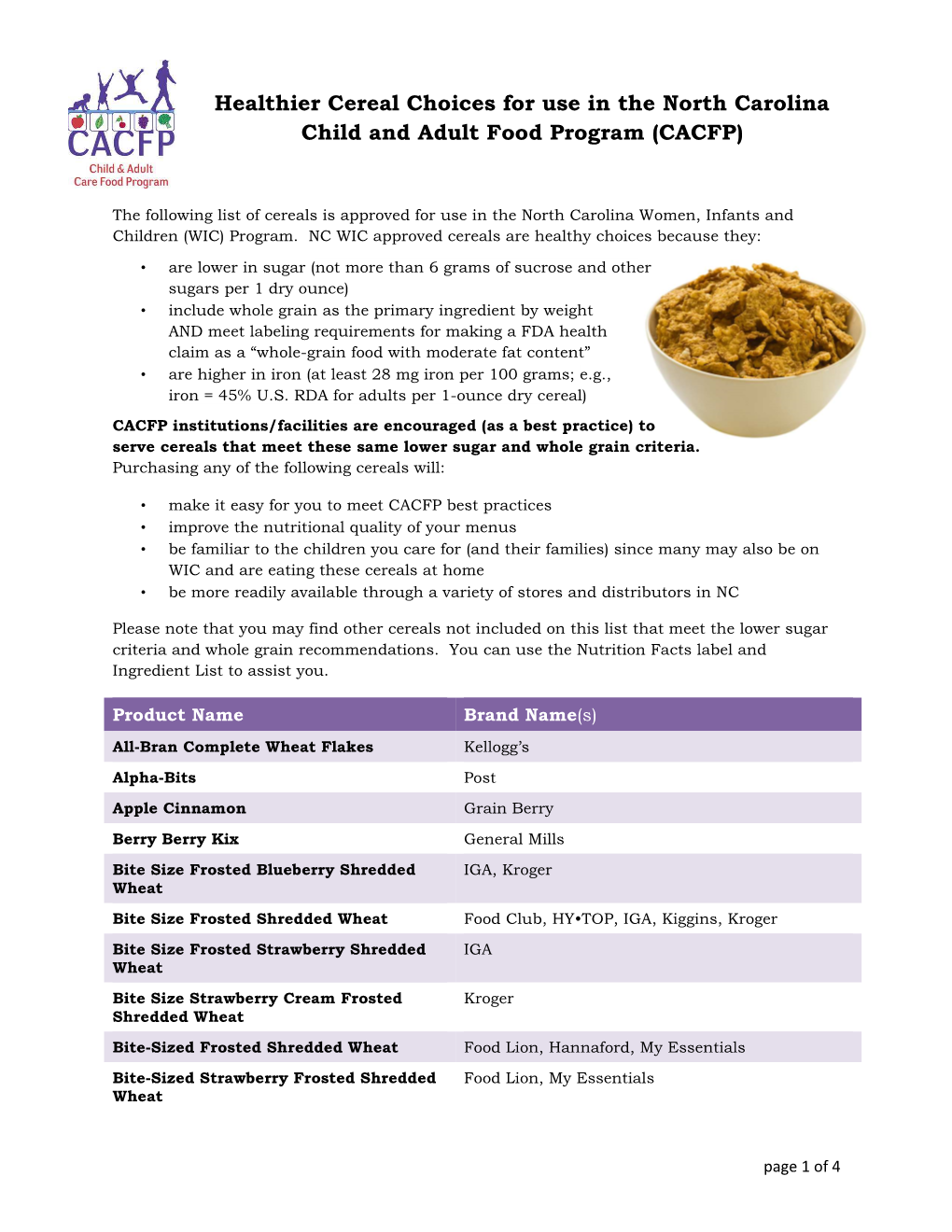 Healthier Cereal Choices for Use in CACFP