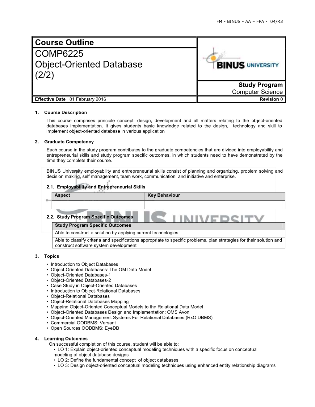 Course Outline COMP6225 Object-Oriented Database