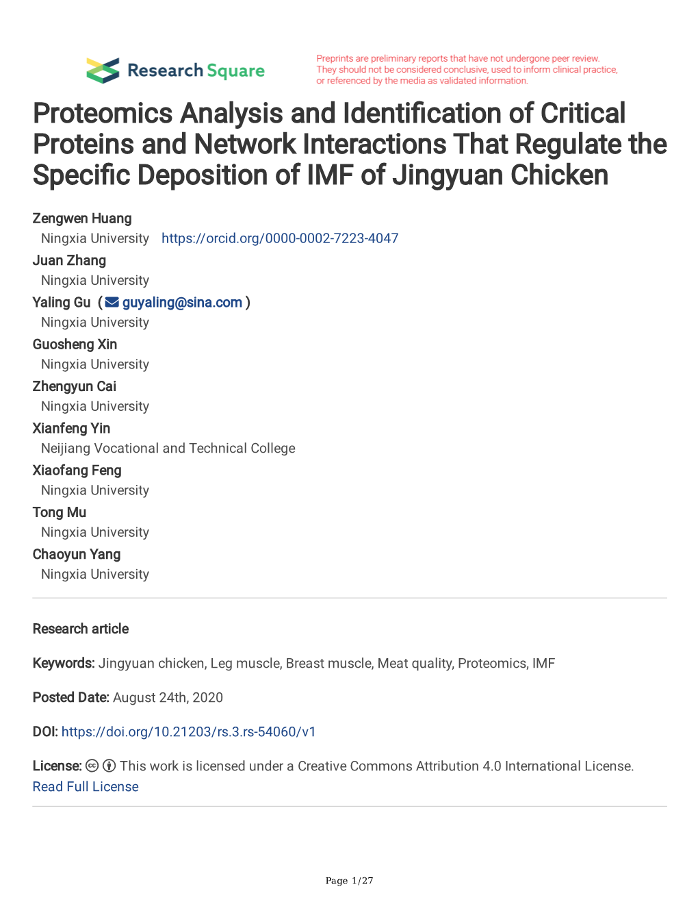 Proteomics Analysis and Identi Cation of Critical Proteins and Network
