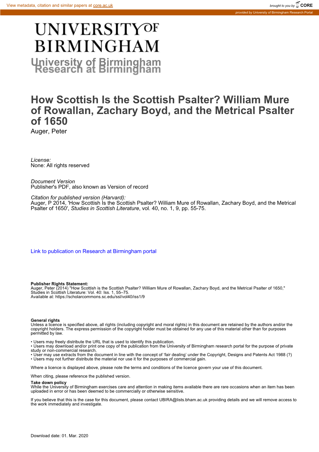 How Scottish Is the Scottish Psalter? William Mure of Rowallan, Zachary Boyd, and the Metrical Psalter of 1650 Auger, Peter