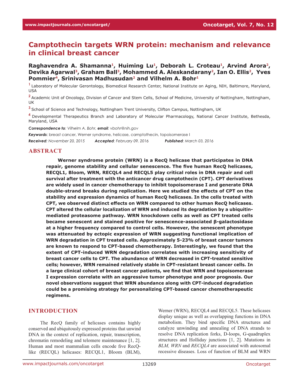 Camptothecin Targets WRN Protein: Mechanism and Relevance in Clinical Breast Cancer