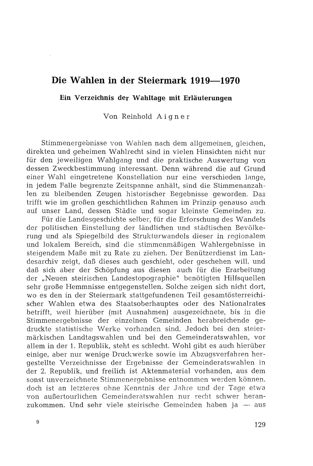 Die Wahlen in Der Steiermark 1919—1970