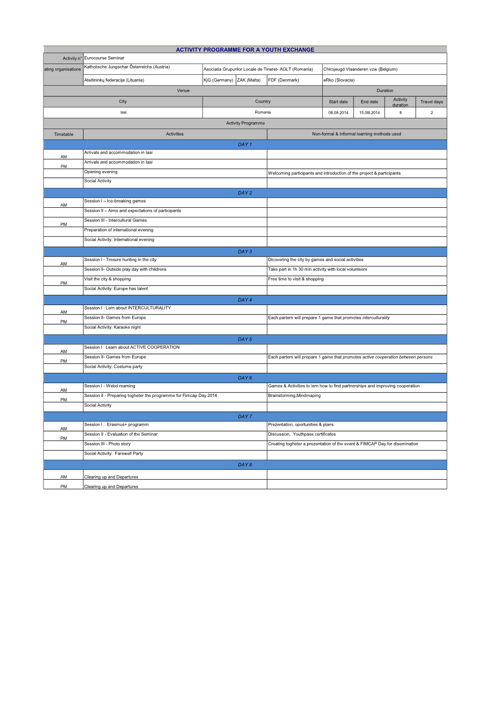 Activity Programme for a Youth Exchange