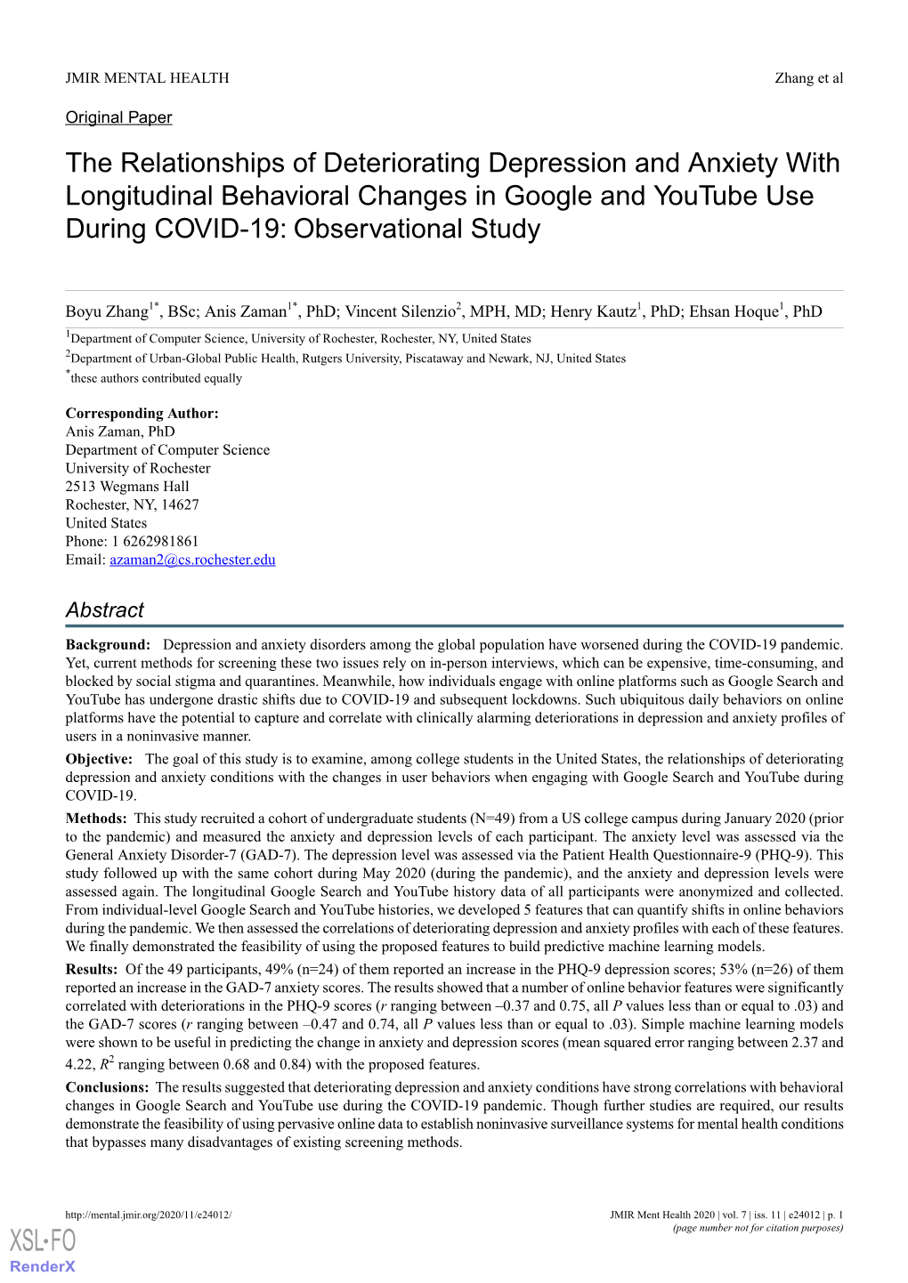 The Relationships of Deteriorating Depression and Anxiety with Longitudinal Behavioral Changes in Google and Youtube Use During COVID-19: Observational Study