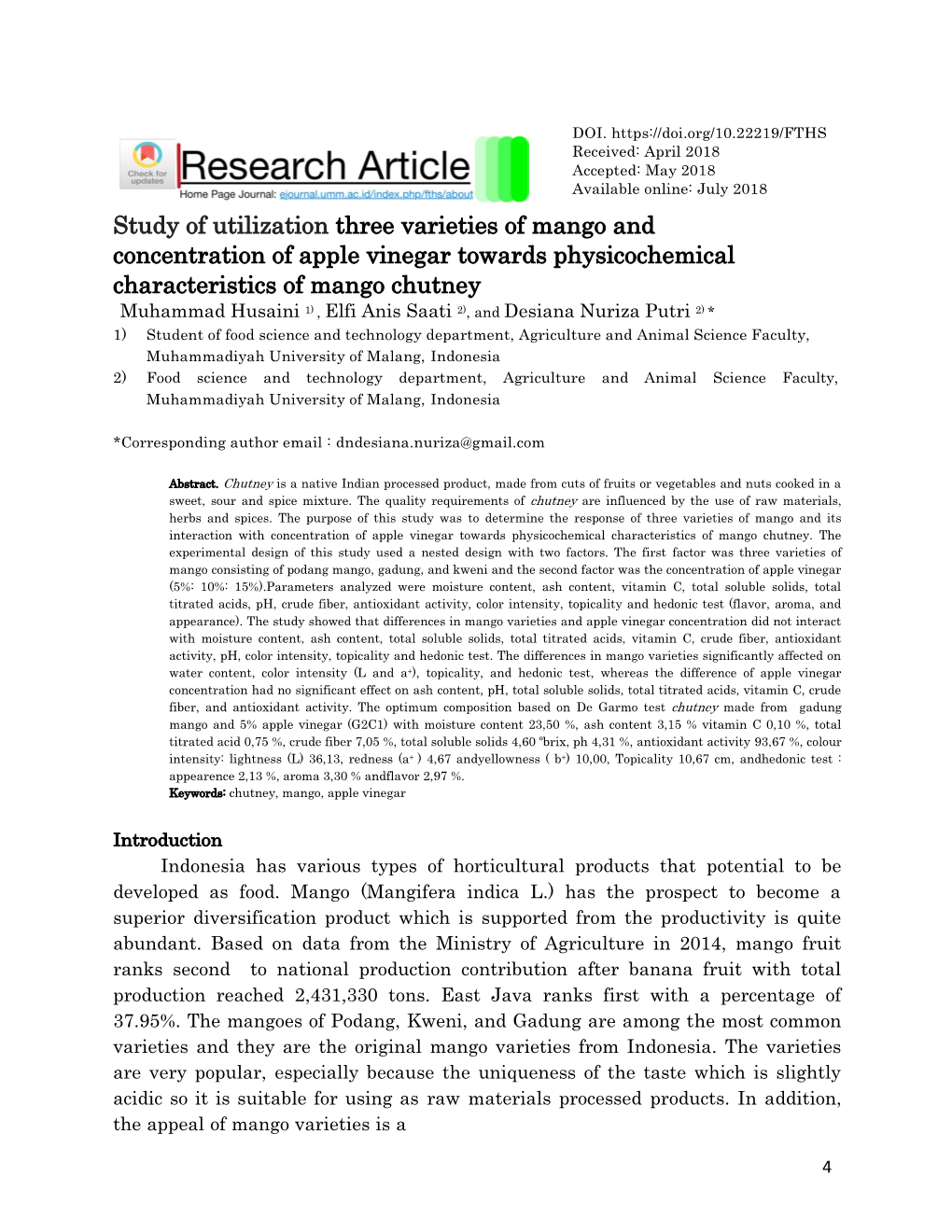Study of Utilization Three Varieties of Mango and Concentration of Apple Vinegar Towards Physicochemical Characteristics of Mang