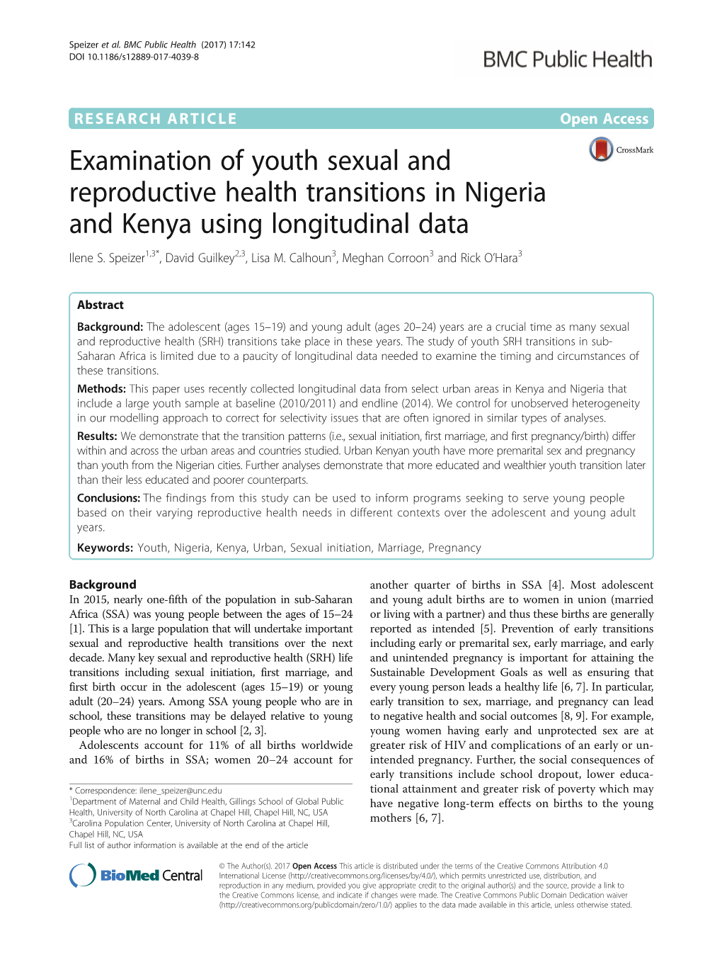 Examination of Youth Sexual and Reproductive Health Transitions in Nigeria and Kenya Using Longitudinal Data Ilene S