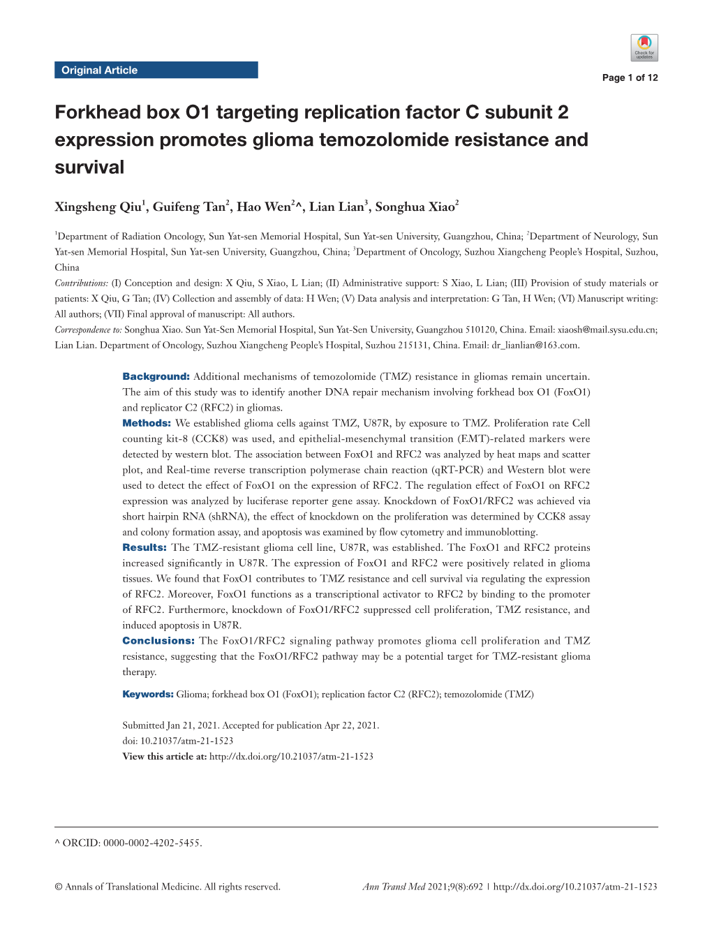 Forkhead Box O1 Targeting Replication Factor C Subunit 2 Expression Promotes Glioma Temozolomide Resistance and Survival