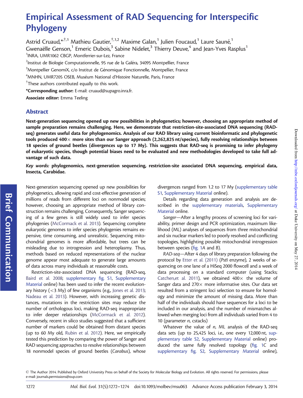 Brief Communication } Empirical Assessment of RAD Sequencing for Interspecific Phylogeny